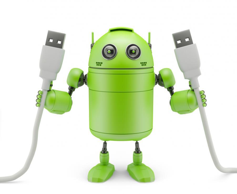 Android holding two connecting cables